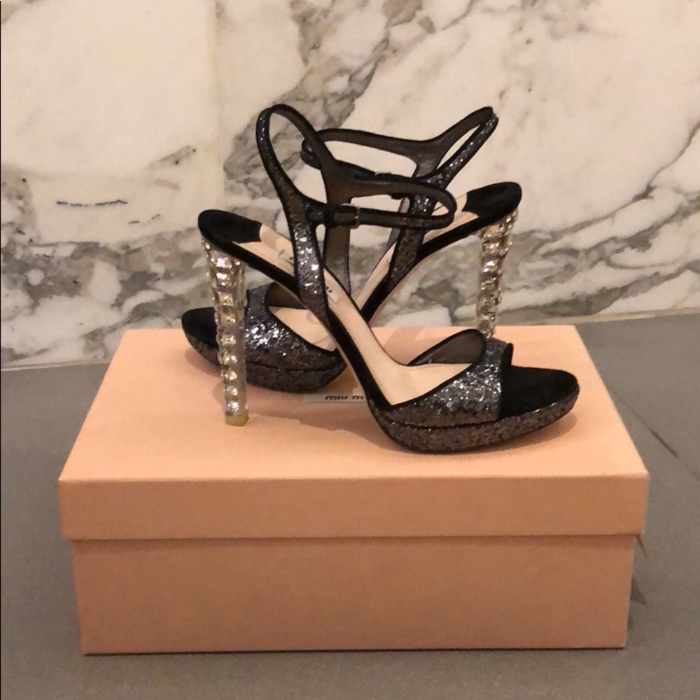 Miu Miu glitter strappy stilletos w/ crystal heel